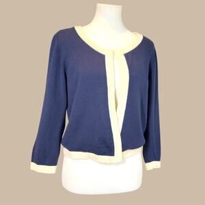 Lilly Pulitzer Navy Cream Merino Wool Silk Lined Knit Cardigan Sweater Large